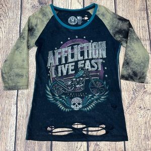 Affliction Distressed 3/4 Sleeve Live Fast Top M